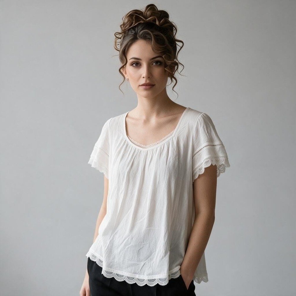 Bloomchic White Lace Trim Short Sleeve Boho Blouse Top US 12 NEW